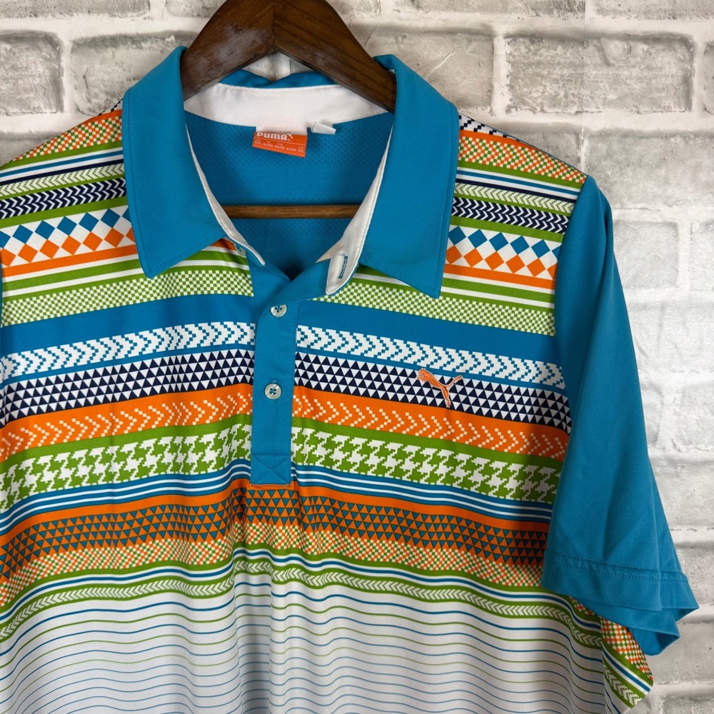 Puma Mens XXL Golf Polo Shirt Blue Orange Geometric Striped Sportlifestyle XXL